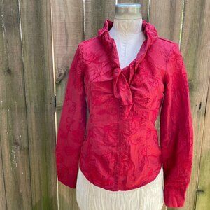 NARACAMICIE Embroidered Red Taffeta  Ruffle BLOUSE sz 3 Medium